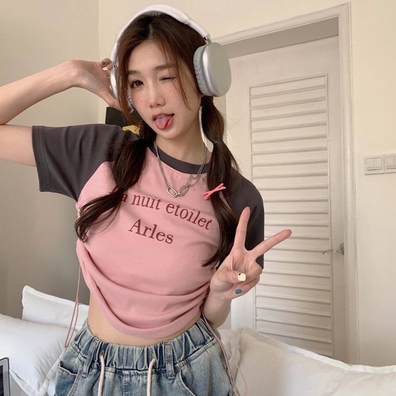 Áo Thun Ngắn Dây Rút Phối Màu Sắc Tương Phản Thời Trang Cho Nữ