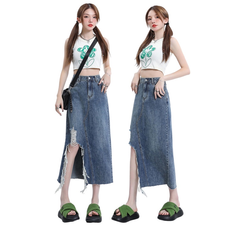Chân Váy Denim Lưng Cao RENJIANVSHENG Thiết Kế Xẻ Rách Cá Tính