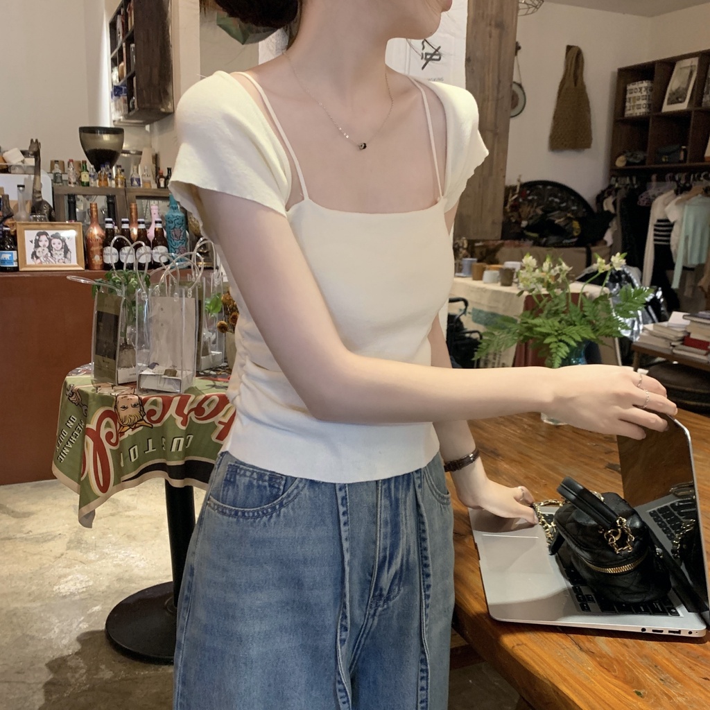 Áo Sweater Dệt Kim Cổ Vuông Xếp Ly Dáng Ôm Tay Ngắn Kiểu Hàn Quốc Thời Trang Xuân Hè 63264