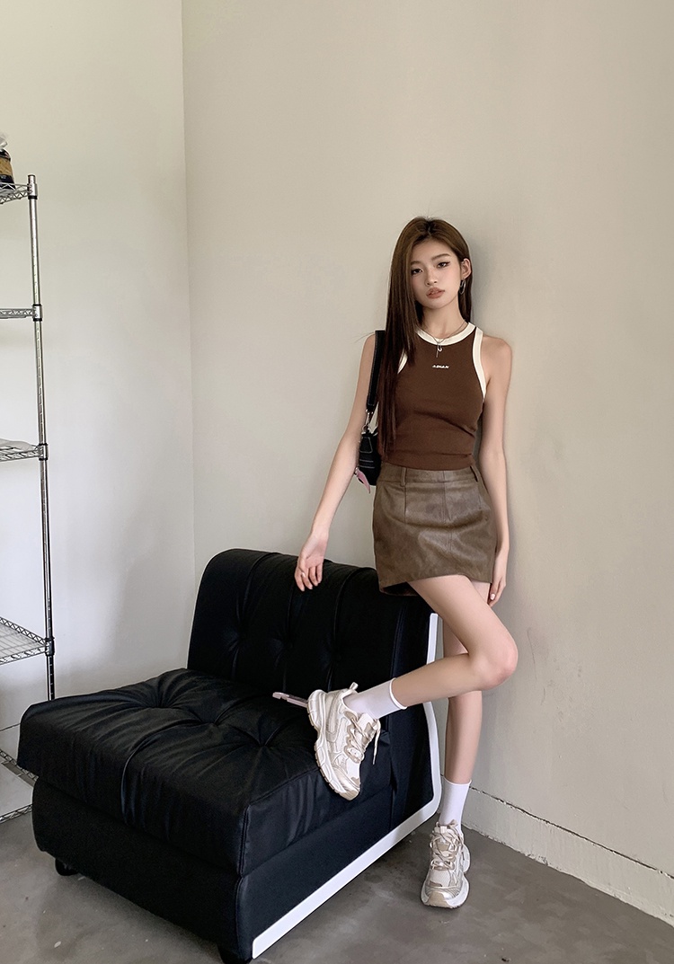 Chân Váy Ngắn Chất Liệu Da Màu Nâu Phong Cách Retro Gợi Cảm Thời Trang Mùa Hè 64575