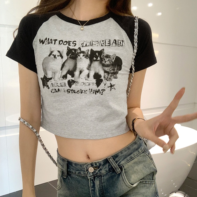 Áo Thun Tay Lửng In Họa Tiết Màu Sắc Tương Phản Phong Cách Retro Mỹ Thời Trang Mùa Hè 646