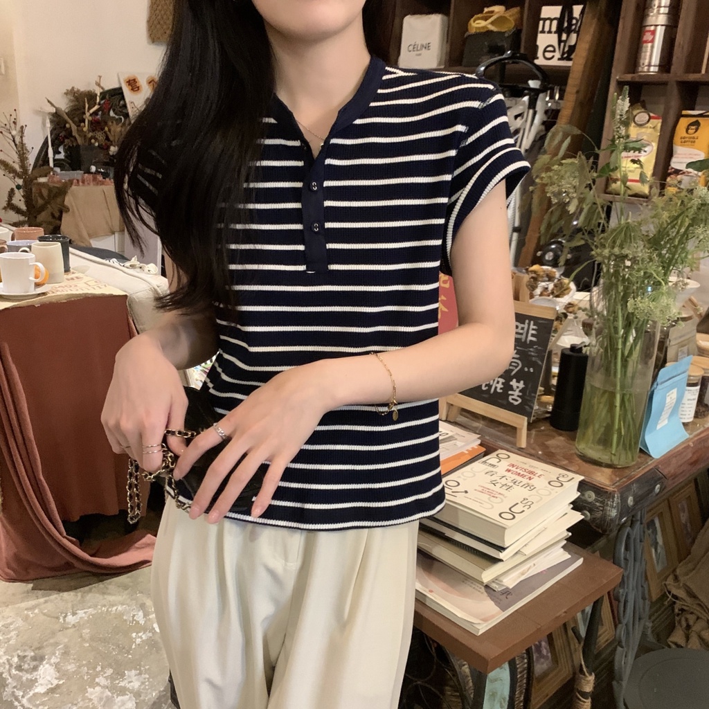 Áo Thun Kẻ Sọc Dáng Rộng Ngắn Tay Phối Nút Phong Cách Hàn Quốc Thời Trang Mùa Hè 64641