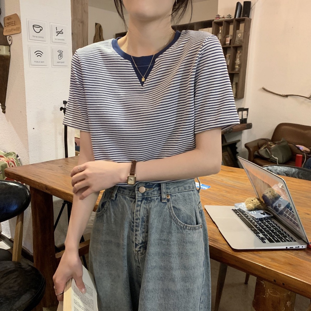 Áo Thun Cotton Dáng Rộng Họa Tiết Kẻ Sọc Màu Sắc Tương Phản Phong Cách Retro 629