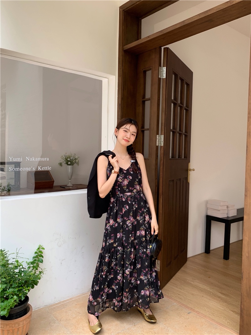 Đầm Hoa Hai Dây Kèm Thắt Lưng Phong Cách Retro Hàn Quốc 65576