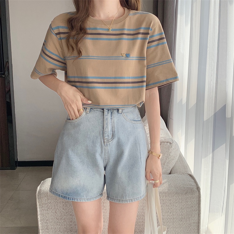 Áo Thun Tay Ngắn Cổ Tròn Thêu Họa Tiết Trái Tim Phối Màu Tương Phản Thời Trang Xuân Hè Hàng Mới 63972