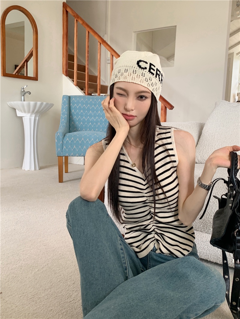 Áo Hai Dây Dệt Kim Cổ Chữ V Họa Tiết Kẻ Sọc Phong Cách Hàn Quốc Thời Trang Mùa Hè Hàng Mới 655