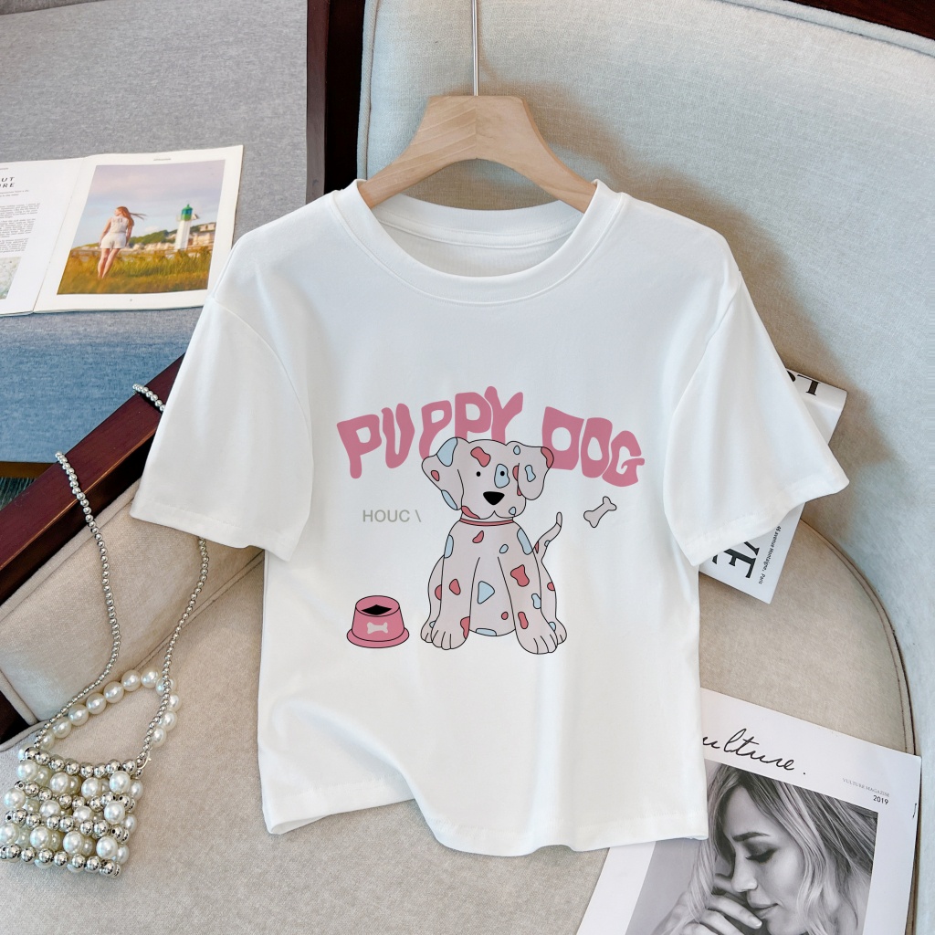 Áo Thun Cotton Nguyên Chất Tay Cộc In Hình Cún Con Đáng Yêu Cho Nữ 62616
