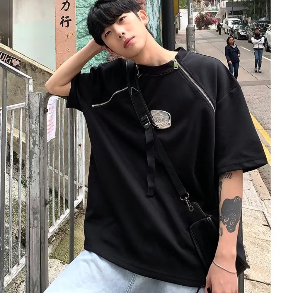 Áo Thun Tay Lỡ Phối Khóa Kéo Đôi Phong Cách Đường Phố Mỹ Thời Trang Mùa Hè Cá Tính