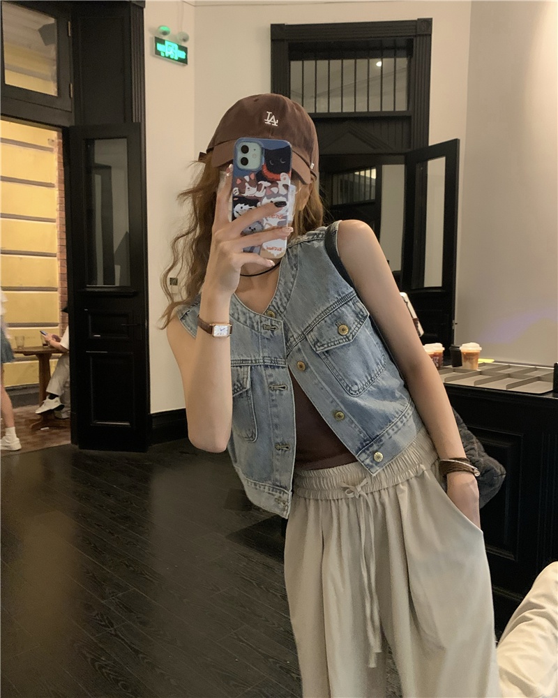 Bộ Áo Denim Không Tay + Quần Ống Rộng Lưng Thun Thời Trang Retro Cá Tính 65525