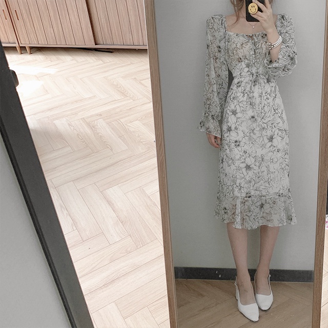 Đầm Voan Hoa Cổ Vuông Thắt Dây Phong Cách Hàn Quốc Sành Điệu 61862