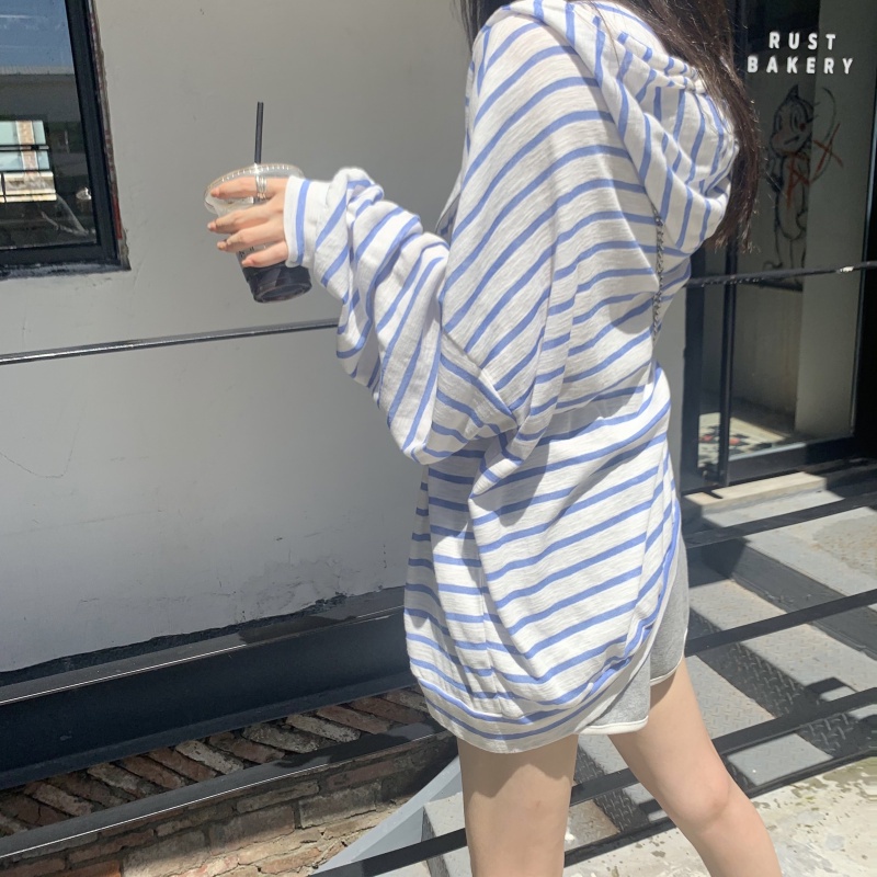 Áo Khoác cardigan Mỏng Có Nón Dáng Rộng Họa Tiết Kẻ Sọc Thời Trang Xuân Hè