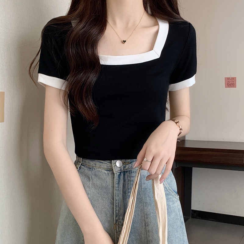 Áo Thun Cổ Vuông Ngắn Tay Dáng Ôm Phối Màu Sắc Tương Phản Thời Trang Mùa Hè 63916