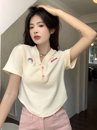 𝐘𝐮𝐬𝐡𝐨𝐩  Áo Thun Ngắn Tay Cổ Chữ V, Thiết Kế Mùa Hè, Cao Cấp, Độc Đáo, Ngọt Ngào, Nóng Bỏng.