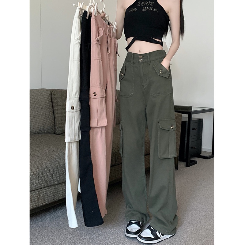 Quần Dài Lưng Cao Ống Rộng Phối Túi Phong Cách Công Sở