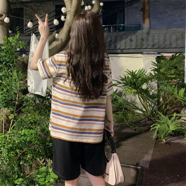 Áo Thun Tay Ngắn Họa Tiết Kẻ Sọc Màu Sắc Tương Phản Phong Cách Hàn Quốc