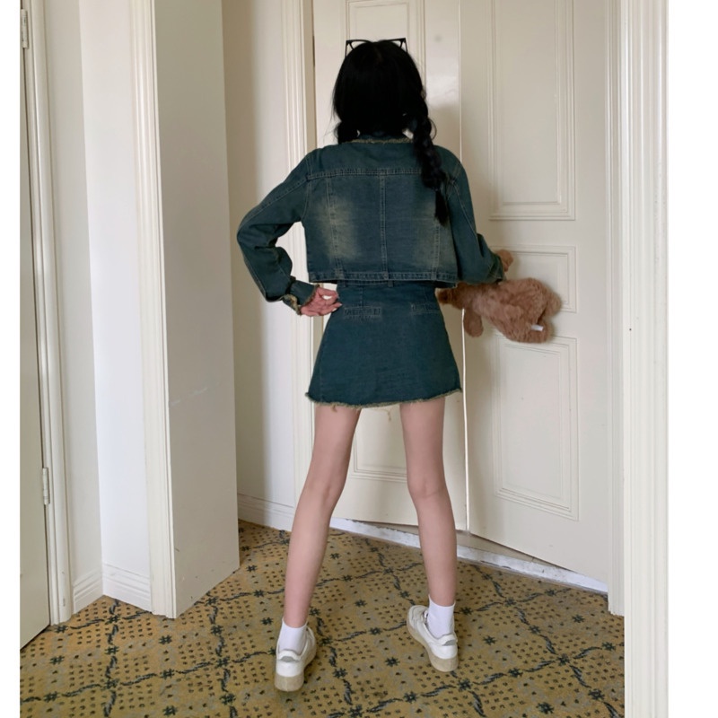 Set Áo Khoác Denim Dài Tay Và Chân Váy RENJIANVSHENG Xếp Ly Phong Cách Hàn Quốc Dành Cho Nữ