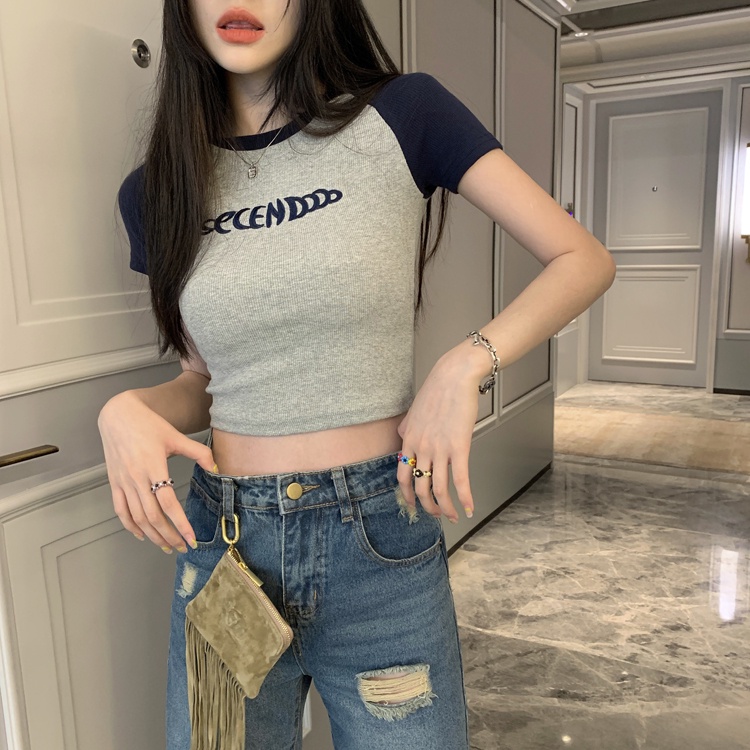 Áo Thun Tay Ngắn Dáng Ôm Thêu Chữ Phối Màu Sắc Tương Phản Thời Trang Xinh Xắn