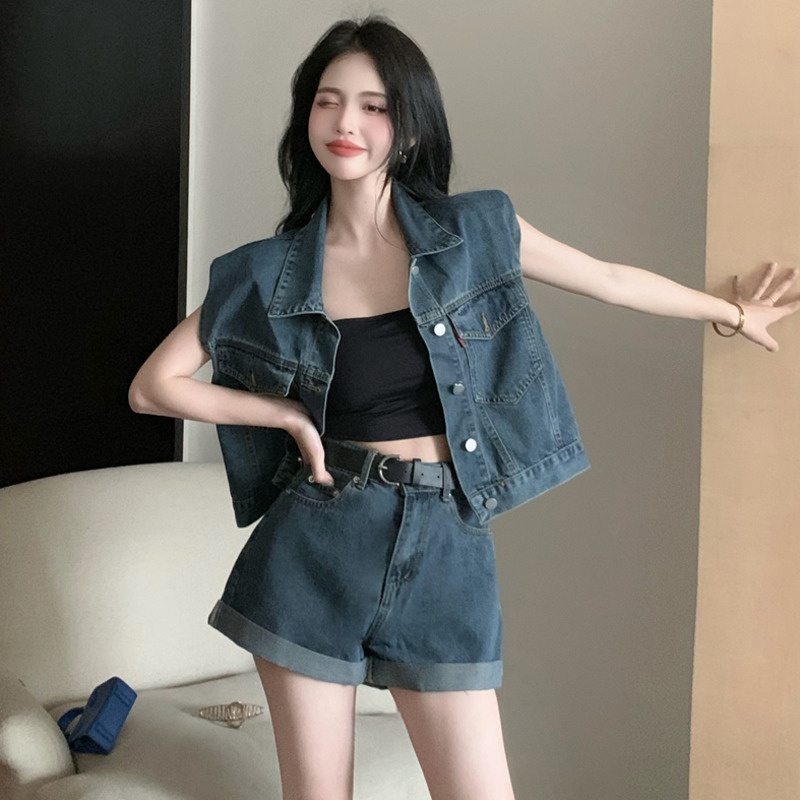 Set Áo Denim Không Tay + Quần Short Thiết Kế Mới Năng Động Thời Trang