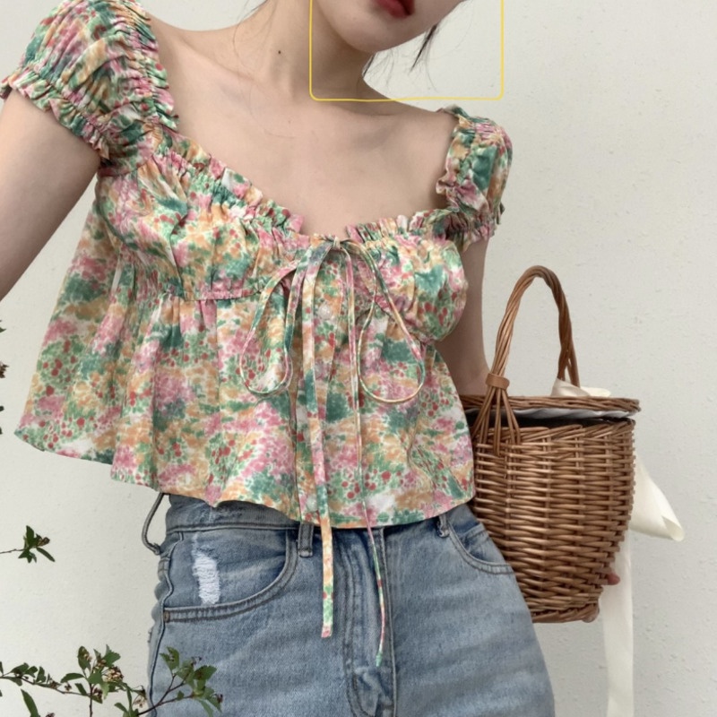 Áo Sơ Mi Tay Phồng Cổ Búp Bê Cột Dây Dáng Ngắn Thời Trang Xinh Xắn Cho Nữ