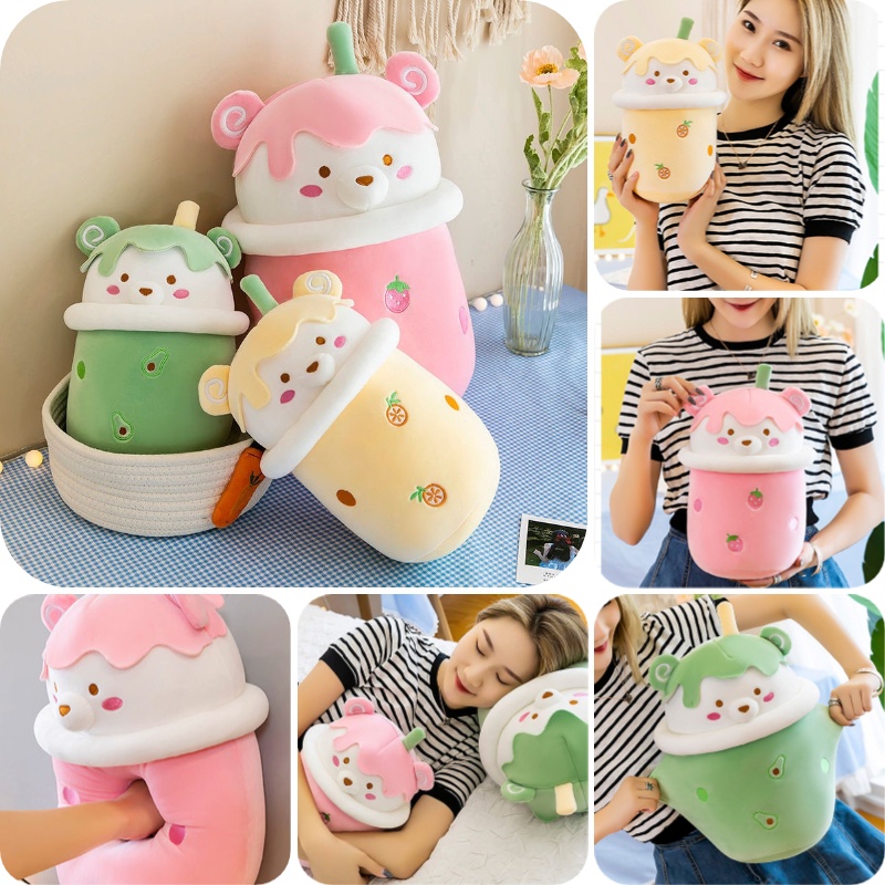 Gối Ôm Hình Gấu Uống Trà Sữa Bằng Nhung Dễ Thương Xinh Xắn