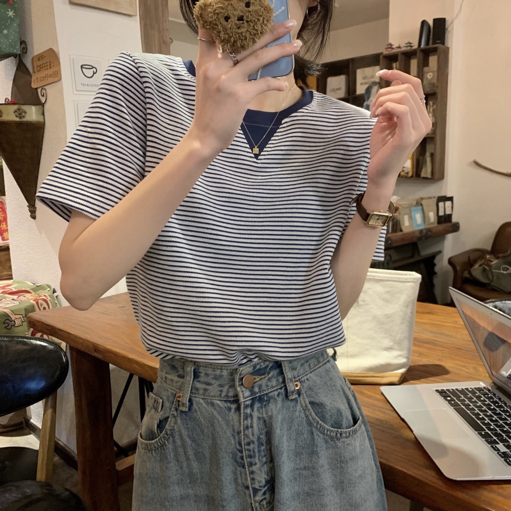 Áo Thun Cotton Dáng Rộng Họa Tiết Kẻ Sọc Màu Sắc Tương Phản Phong Cách Retro 629