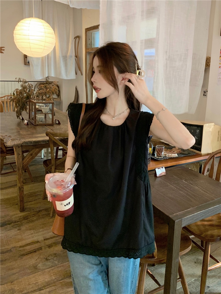 Áo Sát Nách Cổ Tròn Màu Trơn Phối Ren Lỗ Thời Trang Mùa Hè Phong Cách Pháp Hàng Mới 65060