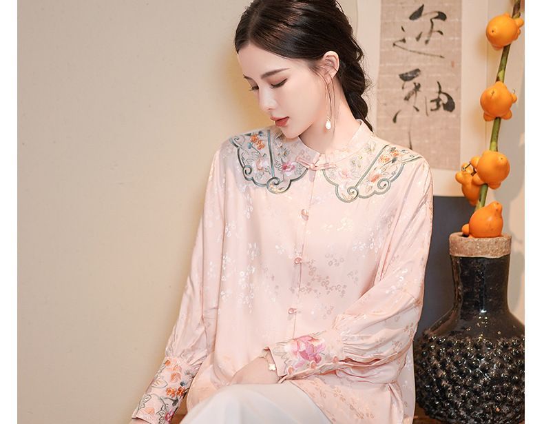 Áo Sơ Mi Tay Dài Dáng Rộng Thêu Họa Tiết Phong Cách Trung Hoa Cổ Điển Hàng Mới 2023 Dành Cho Bạn Nữ