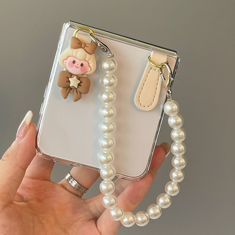 Hàn quốc trong suốt dễ thương hoạt hình gir nút da ngọc trai hộp đựng cho samsung galaxy z flip5 z flip 5 zflip 5 flip5 cover