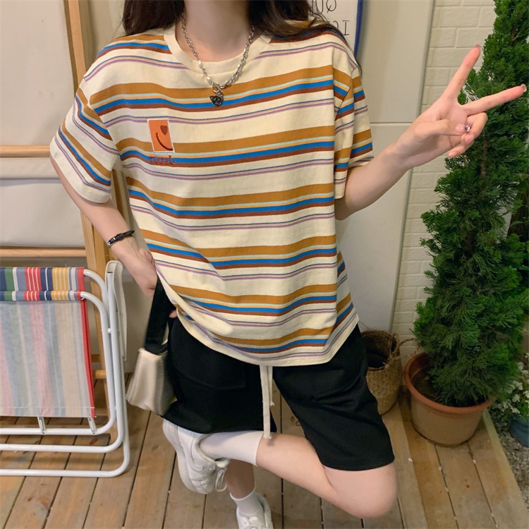 Áo Thun Tay Ngắn Họa Tiết Kẻ Sọc Màu Sắc Tương Phản Phong Cách Hàn Quốc