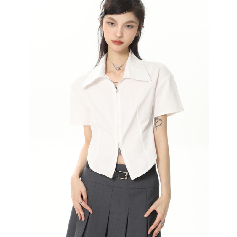Áo Sơ Mi Tay Ngắn Màu Trắng Năng Động Thời Trang Theo Phong Cách Hàn Quốc