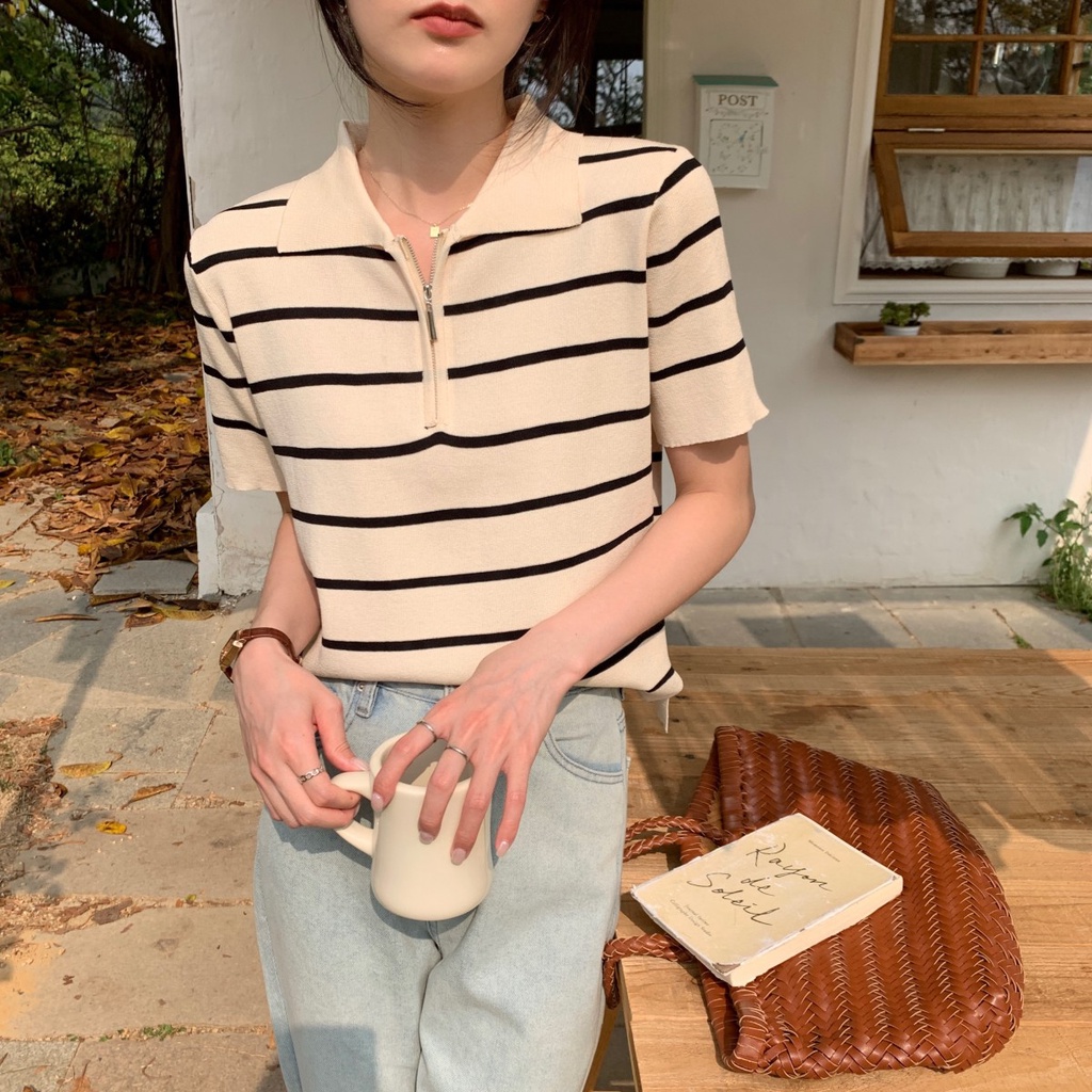 Áo polo Dệt Kim Kẻ Sọc Dáng Rộng Ngắn Tay Phối Khóa Kéo Thời Trang Mùa Xuân Hàn Quốc 62208