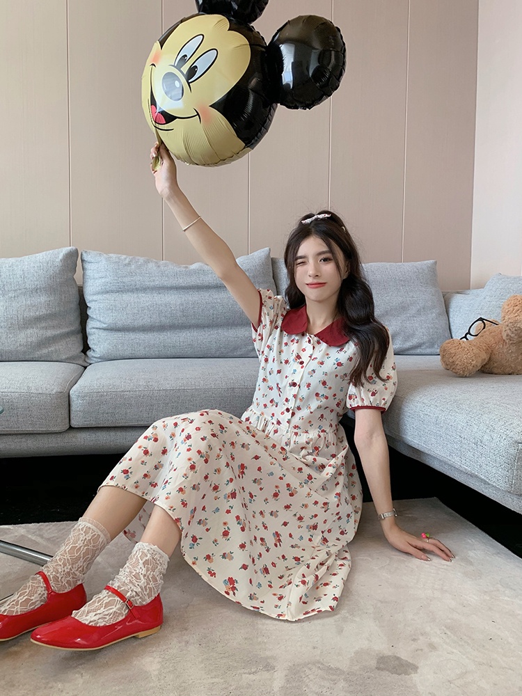 Mới Đầm MIDI Cột Dây Eo Họa Tiết Hoa Nhỏ Màu Tương Phản Xinh Xắn Thời Trang Cho Nữ