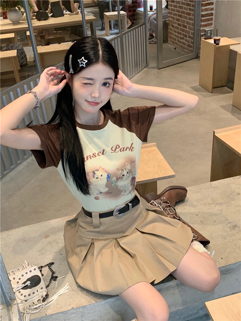 Áo Thun / Váy In Hình Mèo Phong Cách Mới 64930 Kèm Thắt Lưng