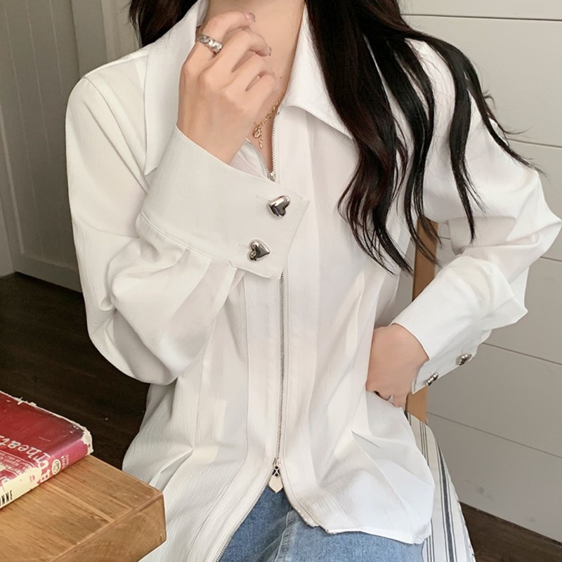 Áo Khoác Sơ Mi Khóa Kéo Đôi Tay Dài In Họa Tiết Trái Tim Thời Trang Xuân Hè Cho Nữ