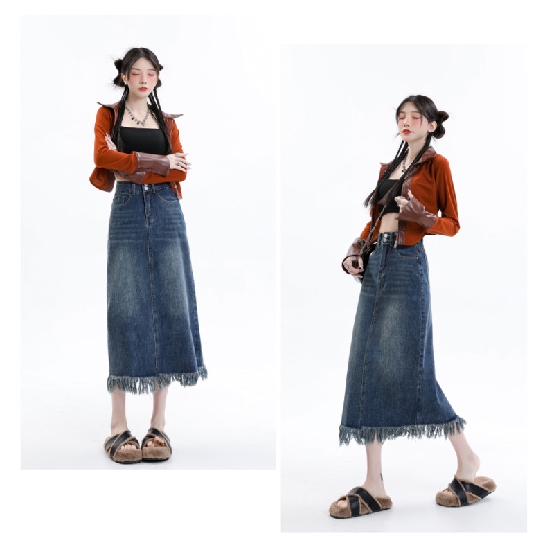 Chân Váy Denim Lưng Cao Dáng  RENJIANVSHENG Chữ a Thời Trang Cá Tính Cho Nữ