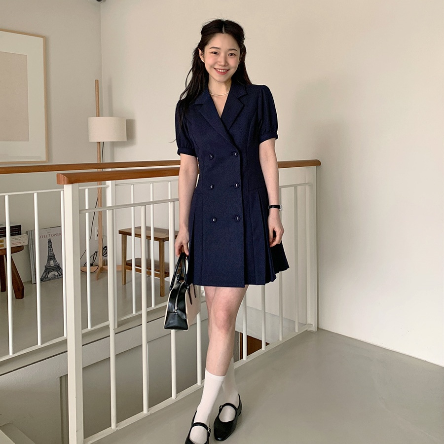 Đầm Xếp Ly Cổ Suit Hai Hàng Nút 63034