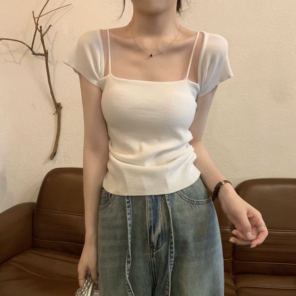 Áo Sweater Dệt Kim Cổ Vuông Xếp Ly Dáng Ôm Tay Ngắn Kiểu Hàn Quốc Thời Trang Xuân Hè 63264