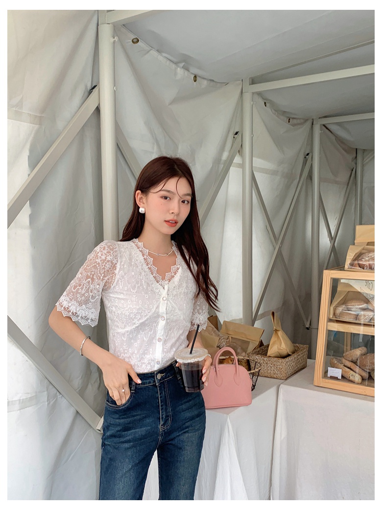 Áo Sơ Mi Ngắn Tay Cổ Chữ V Phối Ren Thanh Lịch Phong Cách Mùa Hè Mới 64383