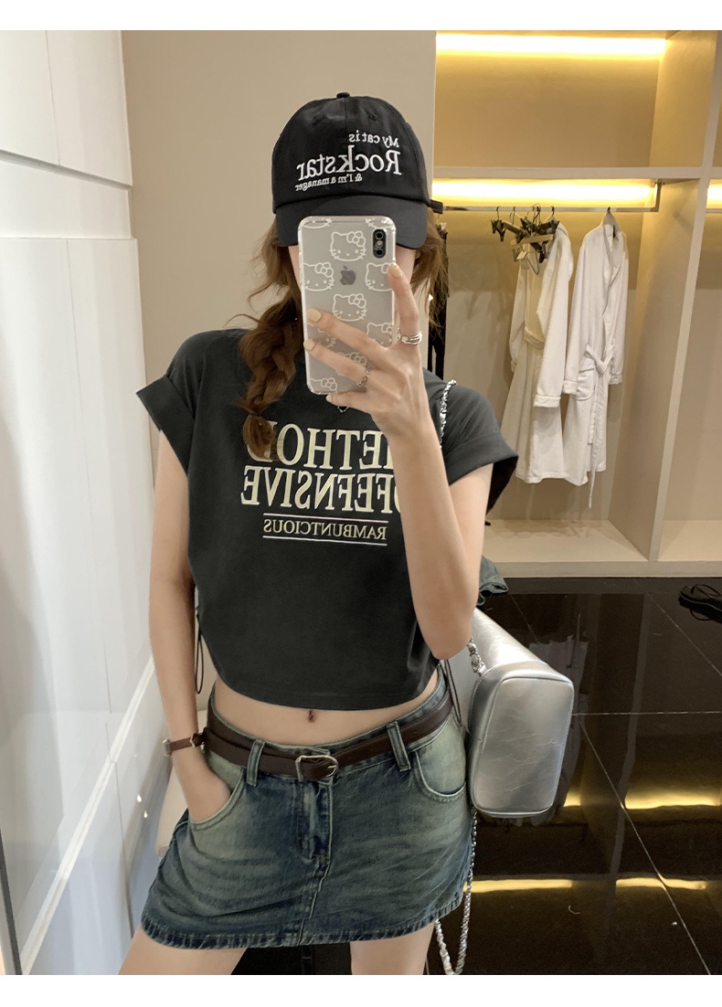 Áo Thun Cộc Tay Dáng Ôm Phối Dây Rút In Chữ Phong Cách Mỹ Thời Trang Mùa Hè 64286