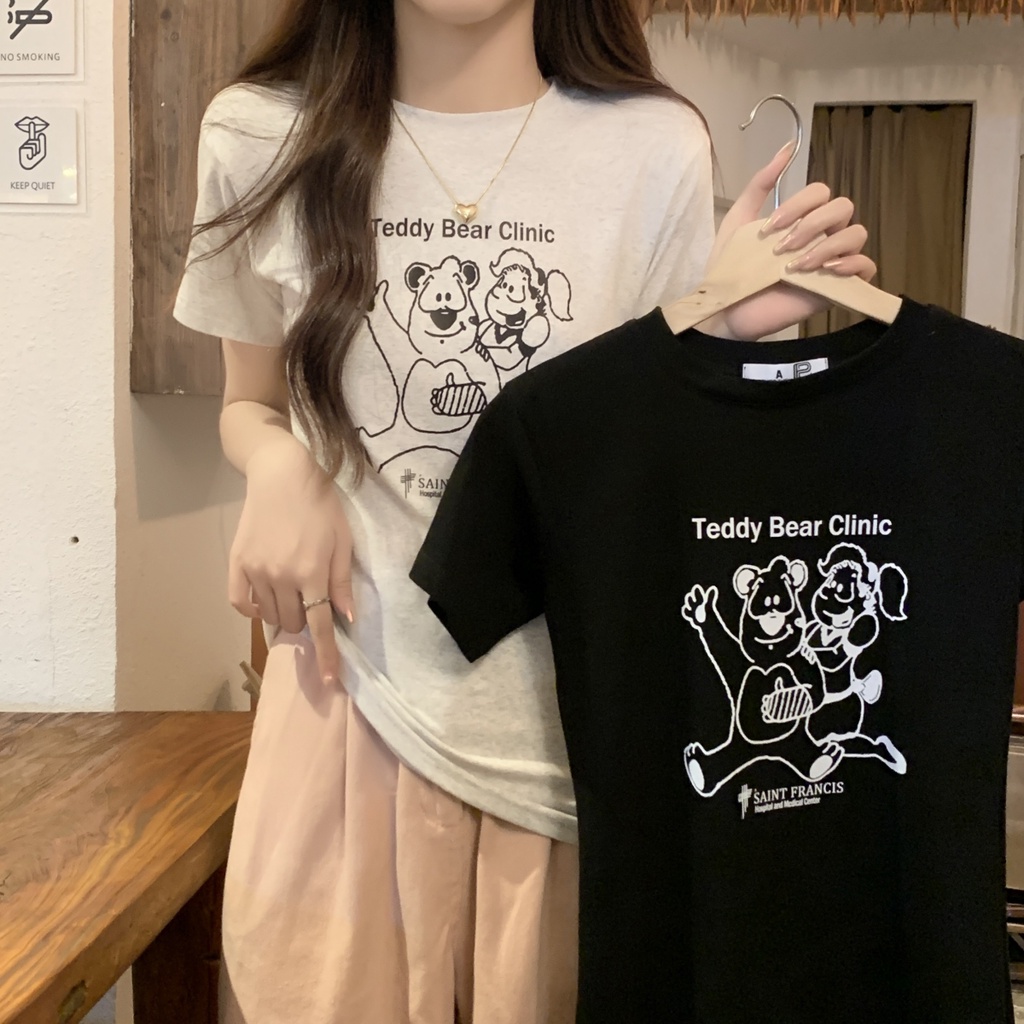 Áo Thun Cotton Cổ Tròn Ngắn Tay Dáng Ôm In Hoạt Hình Phong Cách Hàn Quốc Thời Trang Mùa Hè 64480