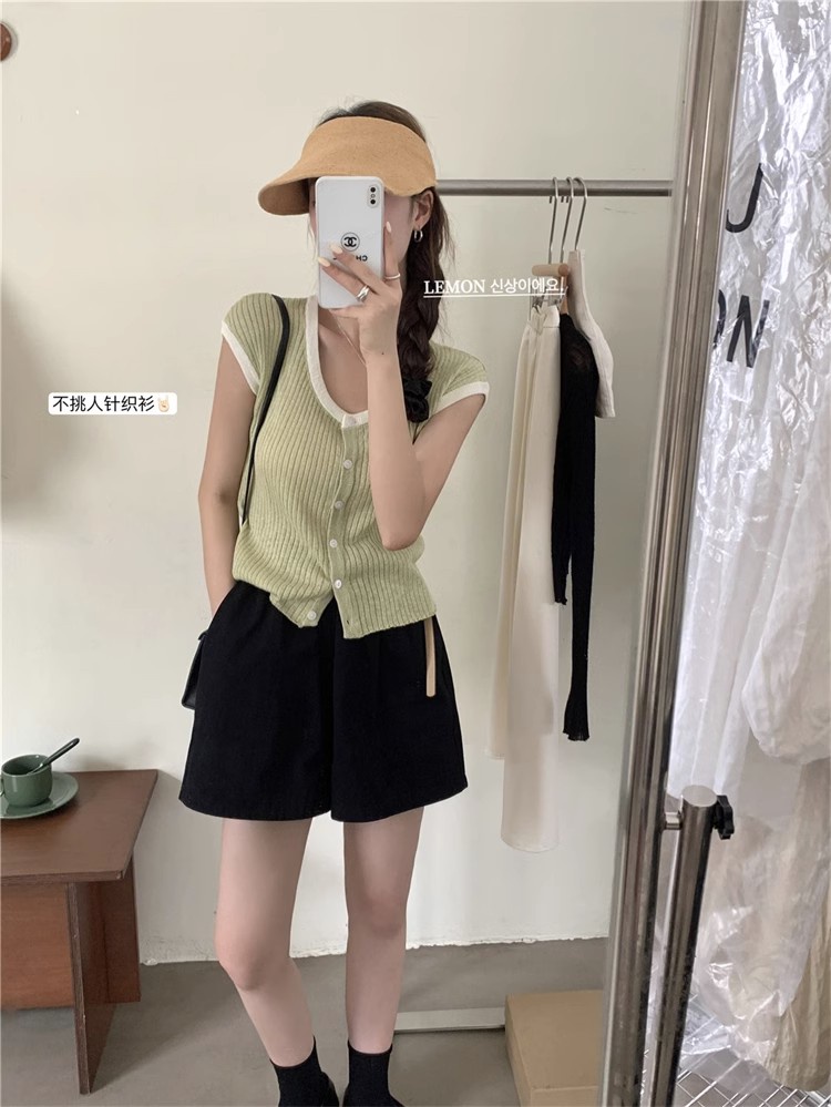 Áo Dệt Kim Tay Ngắn Cổ Tròn Màu Sắc Tương Phản Phong Cách Hàn Quốc Thời Trang Mùa Hè 65140