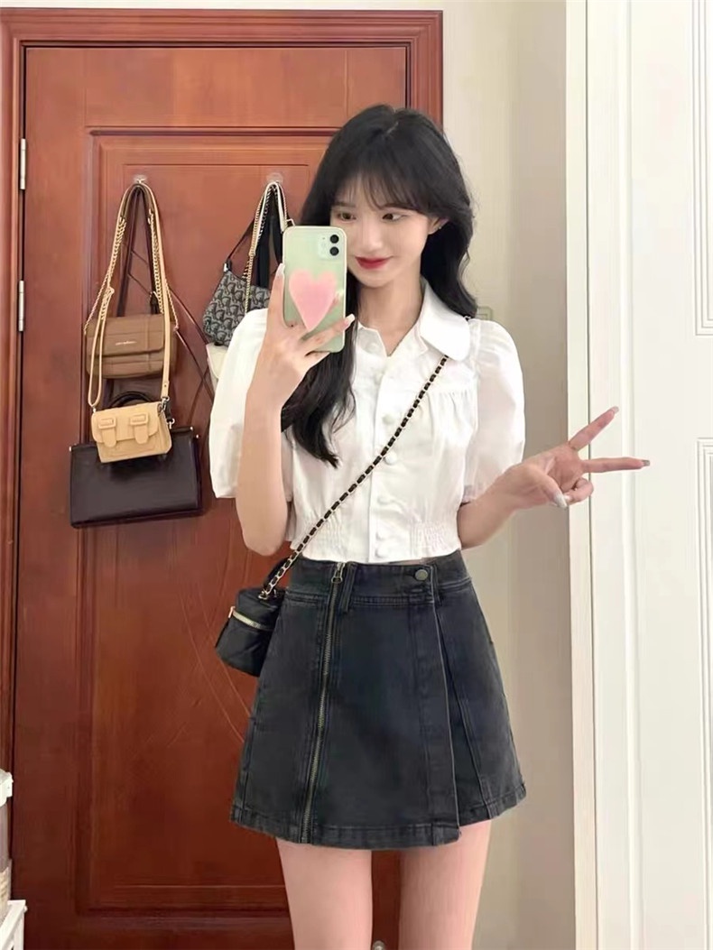 Áo Sơ Mi Ngắn Tay Phồng Màu Trắng Mùa Hè Kiểu Pháp Mới 65565