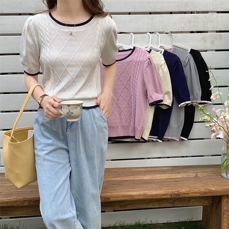 Áo Sweater Cổ Tròn Ngắn Tay Họa Tiết Ca Rô Đính Kim Cương Tương Phản Phong Cách Hàn Quốc Đơn Giản 65603
