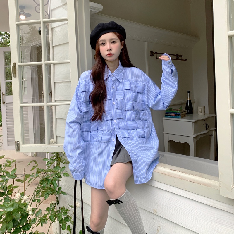 Misssumey nữ hàn quốc dài tay áo sơ mi sọc ngoại cỡ