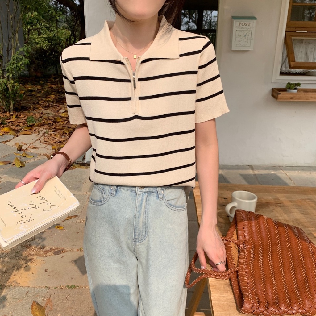 Áo polo Dệt Kim Kẻ Sọc Dáng Rộng Ngắn Tay Phối Khóa Kéo Thời Trang Mùa Xuân Hàn Quốc 62208