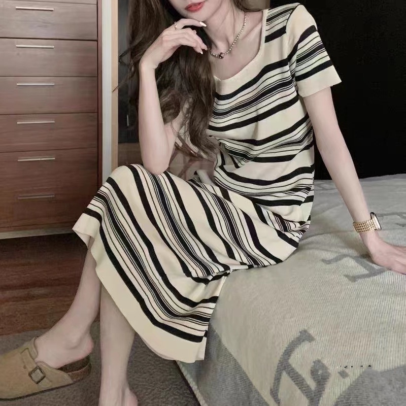 Đầm Dáng Rộng Họa Tiết Kẻ Sọc Phong Cách Dongdaemun Cổ Điển Thời Trang Mùa Hè Hàn Quốc Hàng Mới 2023