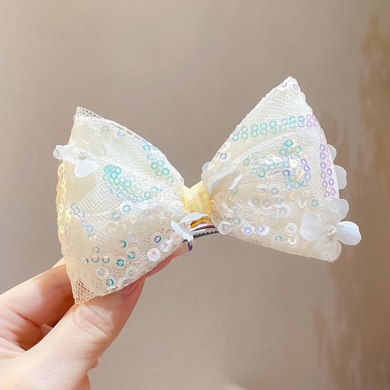 1 Kẹp Tóc Hình Nơ Vải Ren Lưới Đính Kim Sa Lấp Lánh Dễ Thương Dành Cho Bé Gái