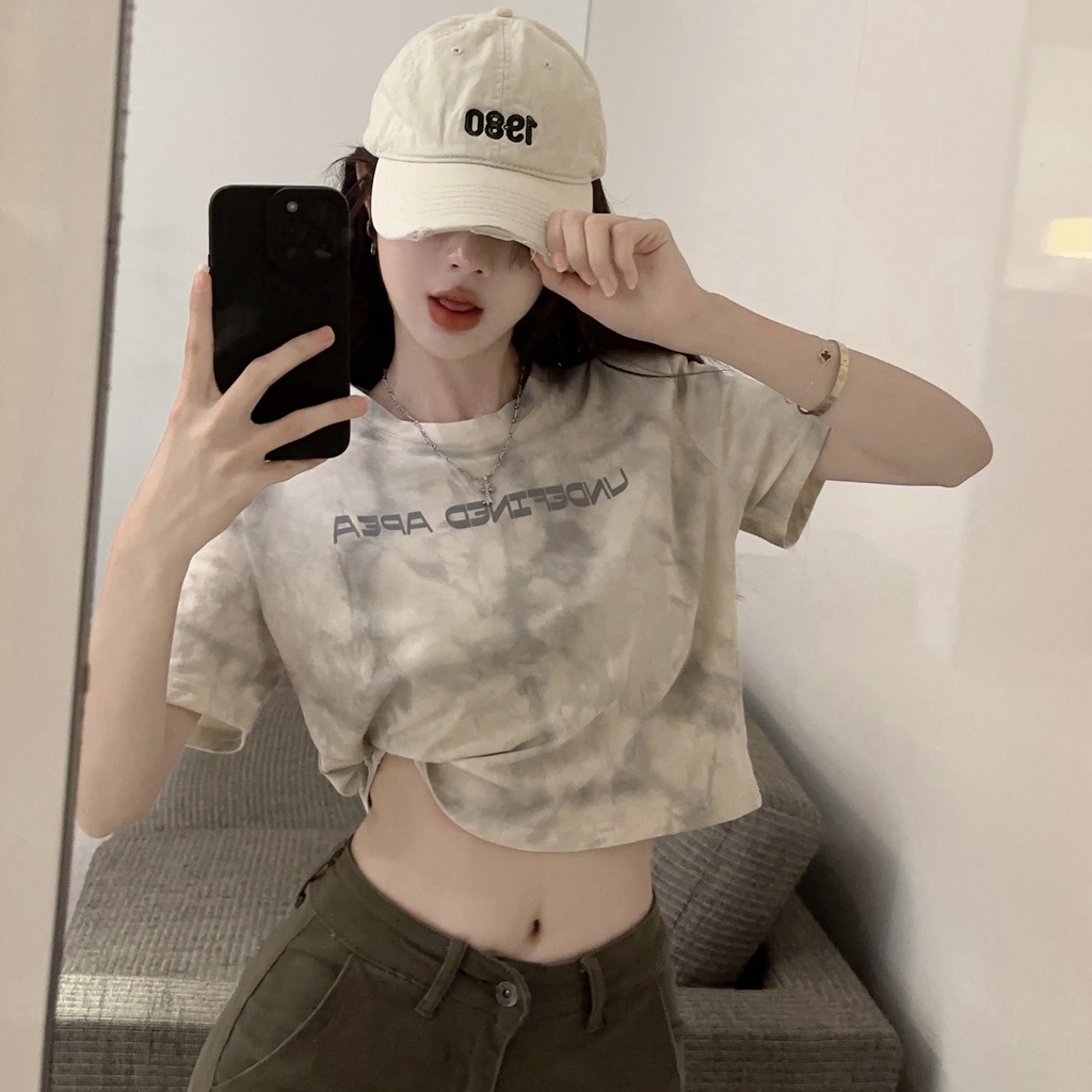 Áo Thun Ngắn Tay Dáng Rộng In Chữ Phối Màu Nhuộm Cá Tính