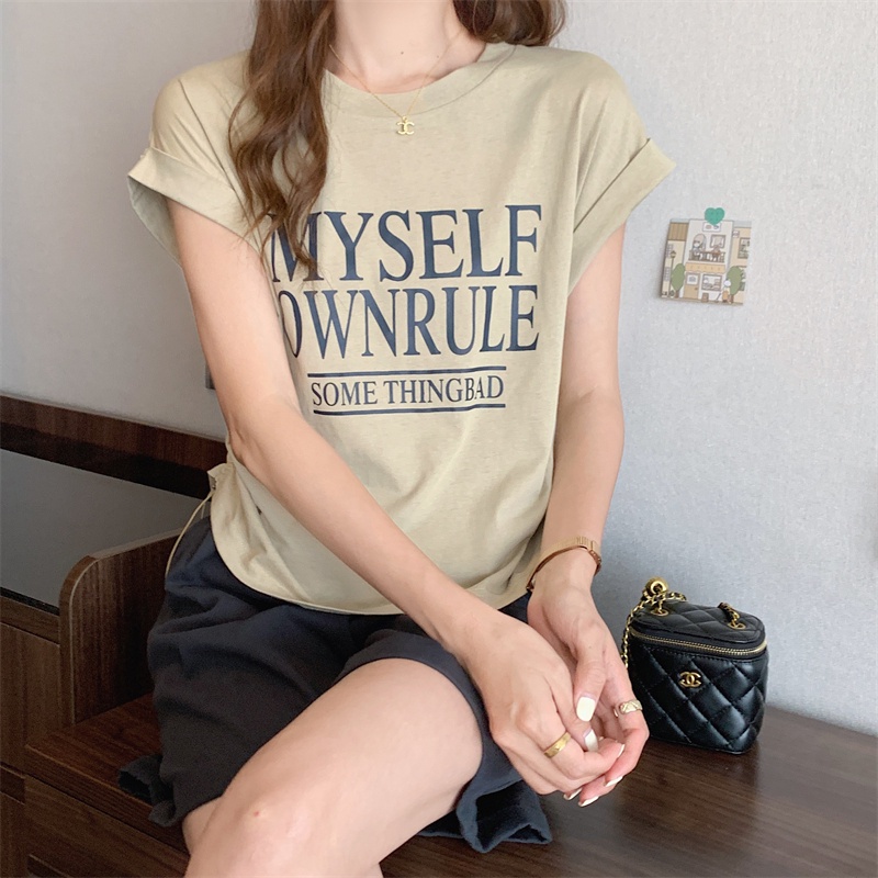 Áo Thun Cộc Tay Cổ Tròn In Chữ Mùa Hè Có Dây Rút Cho Nữ 63973