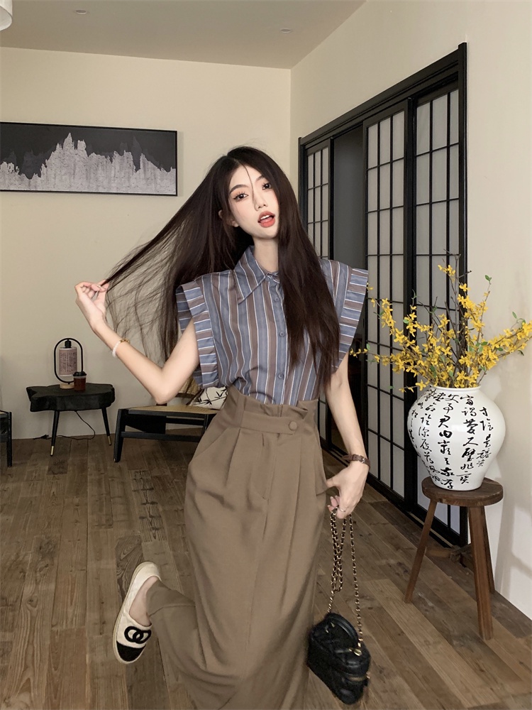 66114 Áo Sơ Mi Sọc Retro Hàn Quốc / Váy Xẻ Tà Cạp Cao